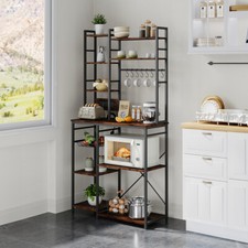 Microwave Stand with Power Outlet Rustic Kitchen Storage Shelf Rack with Hooks