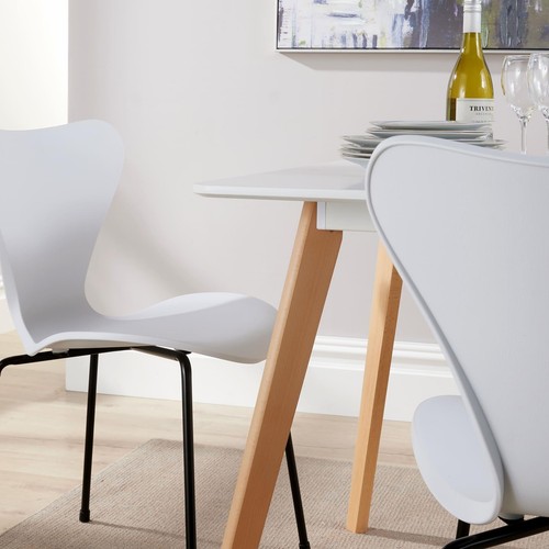 Dining Table Set 120cm White Top Wooden Legs 4 Curved Plastic Metal White Chairs - Picture 7 of 12