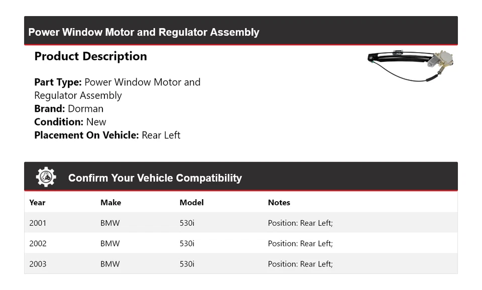 Conjunto motor/regulador ventana eléctrica trasero izquierdo bmw 530i Dorman 2001-2003 Foto 2 de 4
