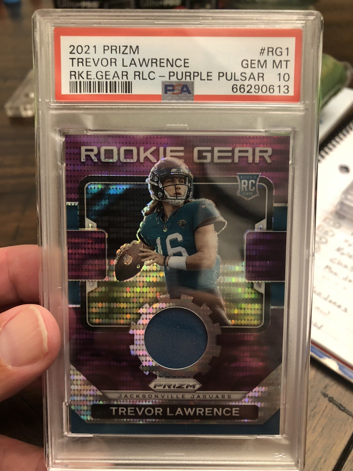 Trevor Lawrence Panini Prizm Rookie Gear Relics #RG1 Purple Pulsar