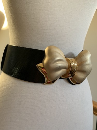 Judith Leiber Black Snakeskin Wide Belt Expandable Gold Bow Buckle Rare - Picture 4 of 8