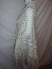 White Ivory Crochet Vtg Hand Knit Piano Fringe Shawl Large 82" inches