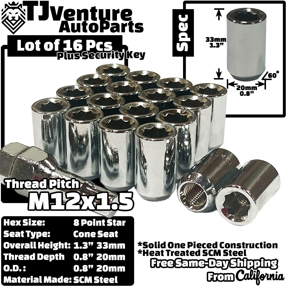 16Pc Chrome M12x1.5 8 Point Star Tuner Lug Nut+Key Fit Toyota