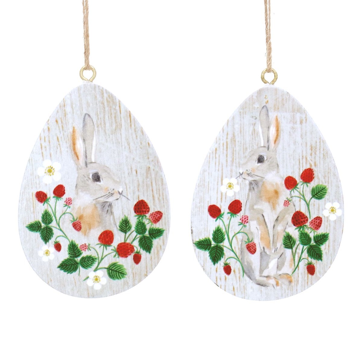 Gisela Graham Set of 2 Rustic Wooden Strawberry Rabbit Easter Egg Decorations