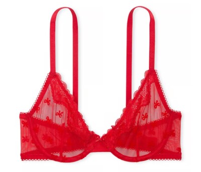 NEW NWT Victoria s Secret Tease Unlined Demi Bra Bright Vermilion Bows size 36DD