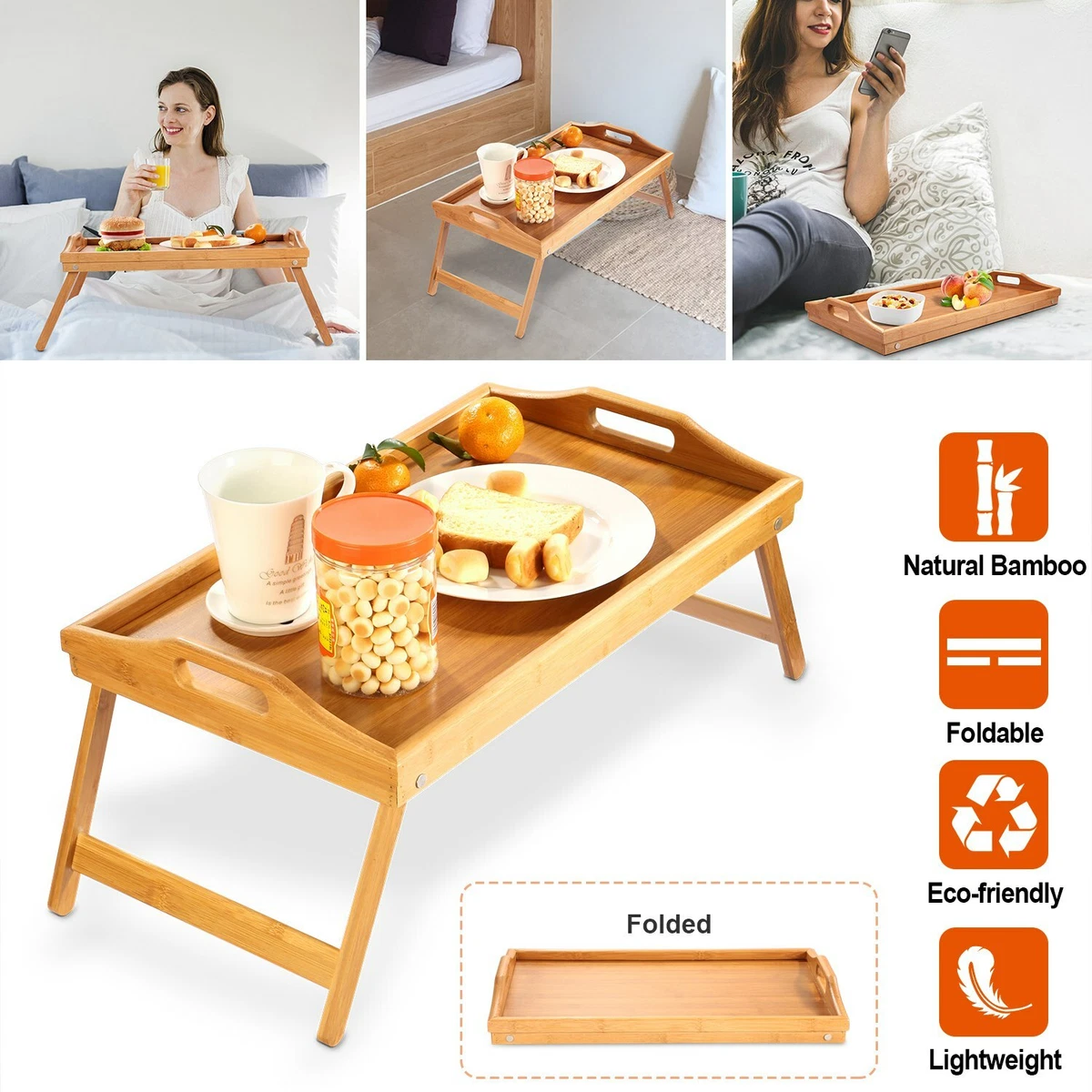 Bamboo Bed Tray Table Breakfast Serving Tray with Foldable Legs