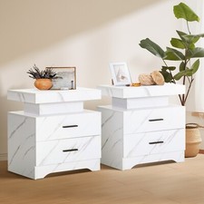 Nightstand End Side Table Set of 2 Bedside Table w/ LED Lights Charging Station