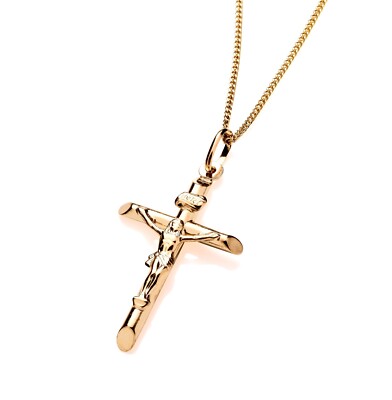 9ct Yellow Gold on Silver Large Crucifix Cross Pendant Chain 16 18 20  inch UK