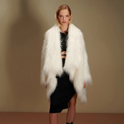 $370 NONAT Sugar Vegan Mongolian Fur Over Coat Shawl Jacket White Women Small XS