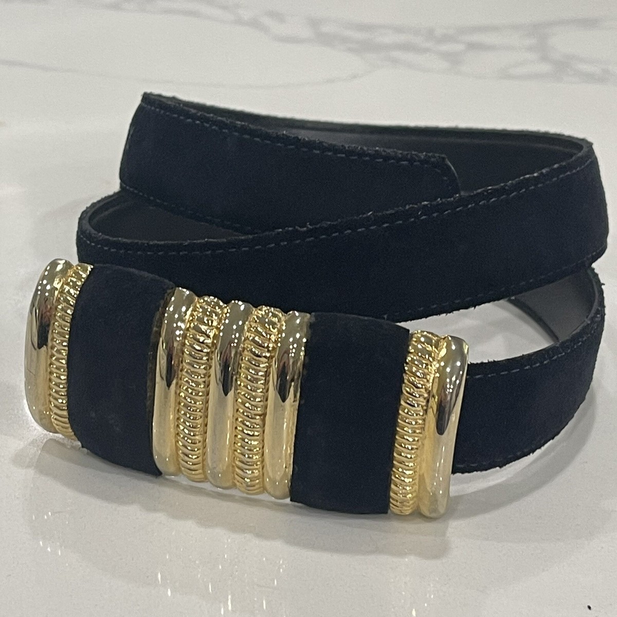 Vintage Sostanza Black Suede Quilted Belt Buckle Gold Twist Preppy Old Money 80s Classic Buckle Belt in Golden Oak – Altuzarra main image 2