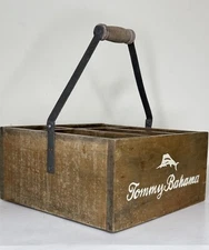 Tommy Bahama Distressed Wooden Caddy Metal Handle Portable Storage Bottle Box