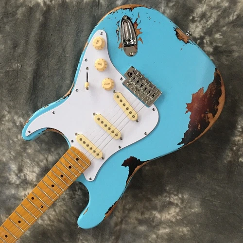 Custom Shop ST Electric Guitar Blue Relic Maple Fretboard Tremolo Bridge SSS