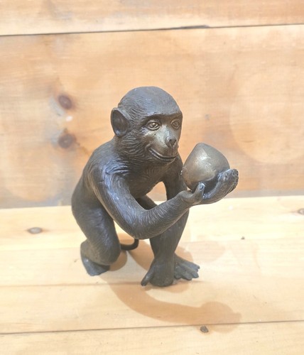 Bronze Monkey, Looking at a Stone or Something 9-1/2"L x 3-3/4"W x 7-1/2"H - Picture 3 of 7