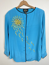 VTG Bob Mackie Women's S Wearable Art Silk Tunic Turquoise Gold Sun Embroidery