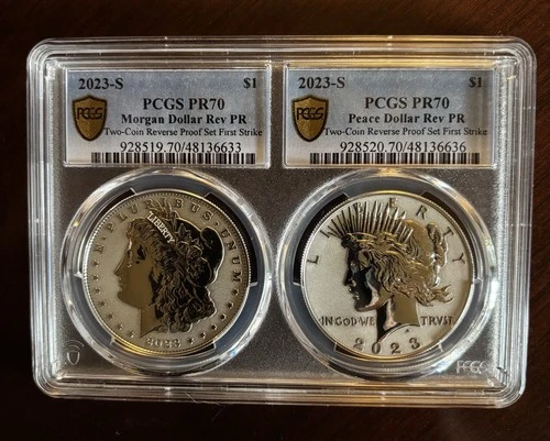 2023-s First Strike Reverse Proof Morgan/Peace Dollar  Set In Rare Single Slab