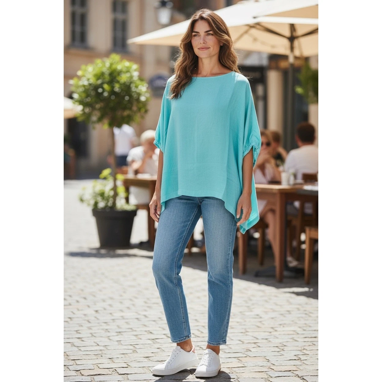 Zenana Women XL Turquoise Blue Oversized Poncho Blouse Ruched Sleeve Boat Neck