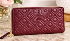 Tory Burch Fleming Quilted Leather Continental Zip Wallet NWT Claret Red