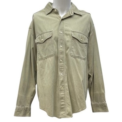 LL Bean Chamois Shirt Medium USA Sunwashed Cotton Workwear Button Front Flaw