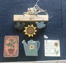 Hand Painted Wooden Primitive Country Folk Art sunflowers watering can garden