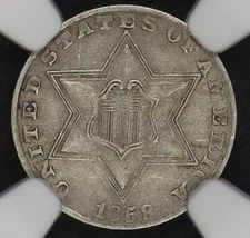 1858 THREE CENT SILVER NGC VERY CHOICE XF 45 NICE AND ORIGINAL EXAMPLE OF THE