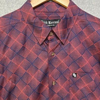 Rock Revival Mens Red Navy Geometric Grid Button Down Shirt WVN9000 Large