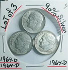 New ListingLot Of 3 Roosevelt Dimes All 1964-D All 90% Silver VG Condition Look @ & Judge *