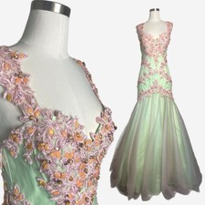 Rachel Allan NWT pastel gown beaded floral sheer tulle mermaid fairy siren S