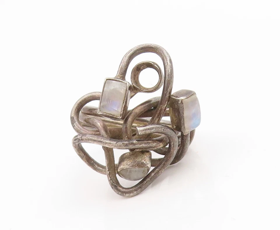 925 Sterling Silver Vintage Ring Moonstone Brutalist Tangled Band Sz 6.5 RG33981 - Image 2 of 4