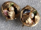 Sarah Coventry Vintage 50s Gold Tone Clip-On Earrings, Leaf, Gem & Pearl Design  — photo 1