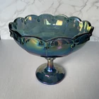Vtg Indiana Glass Garland Teardrop Blue Carnival Iridescent Glass Compote Bowl