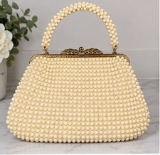 Vintage La Regale Ivory Beaded Evening Purse Hong Kong Gold Tone Clasp Hand Made