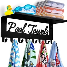 Pool Towel Racks with Shelf 8 Hooks for Bathroom Wall Mount Black 