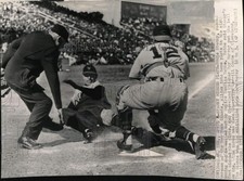 1951 Press Photo New York Giants' baseball player Eddie Stanky slides home, TX