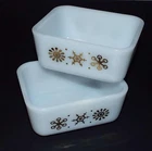 2 Vintage Glasbake Refrigerator Dish Gold Atomic Snowflake Pint Milk Glass MCM