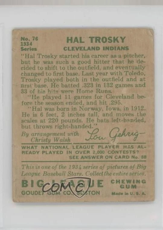 1934 Goudey Big League Chewing Gum R320 Hal Trosky #76 - Image 2 of 2
