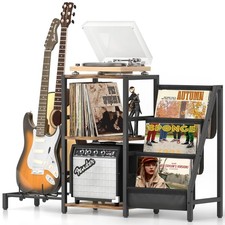 Record Player Stand with Guitar Holder, Guitar Rack for Acoustic, Electric Gu...