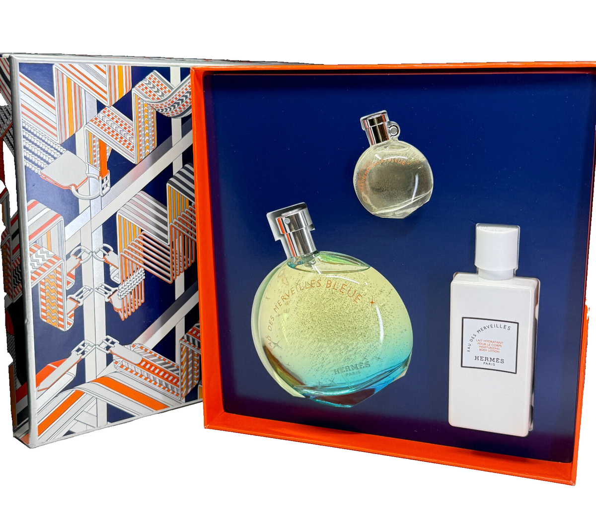 Hermès EAU DES MERVEILLES パルファム（新品・海外購入） NEW Hermes Eau des Merveilles Bleue EDT Spray 3 piece Set NIB