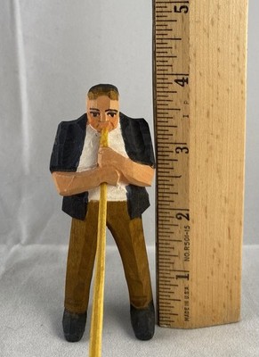【欧州購入】アルルカン 道化師人形 オブジェ ヴィンテージ30cm Miniature Hand Carved Wooden Swiss Man with Alphorn-3 1/2