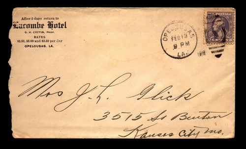 1919 Opelousas Louisiana - Larombe Hotel Cover / #530 - L30992 - 第 1/2 張圖片