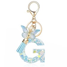 Fashion Alphabet Initial Letter Keychain Tassel Blue Butterfly Letter G