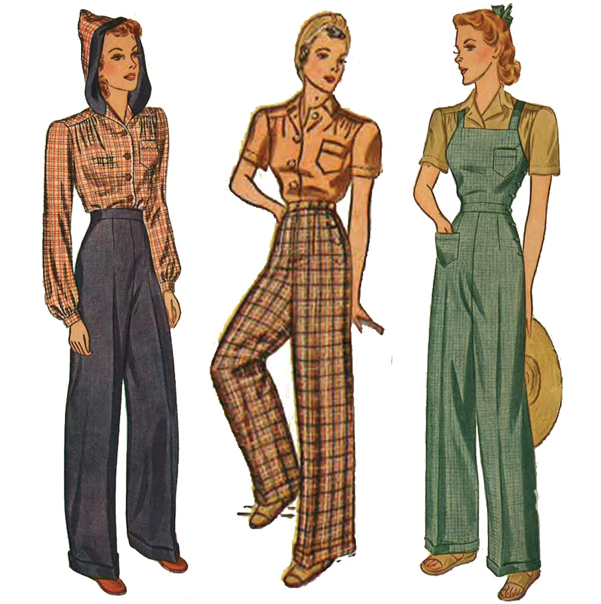 1940s Pattern, Land Girl High Waist Slacks & Overalls - Bust=38 (97cm)