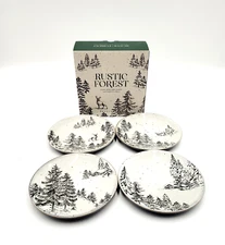 Pottery Barn Rustic Forest Appetizer Plates Set of 4 Mixed Design Christmas NEW