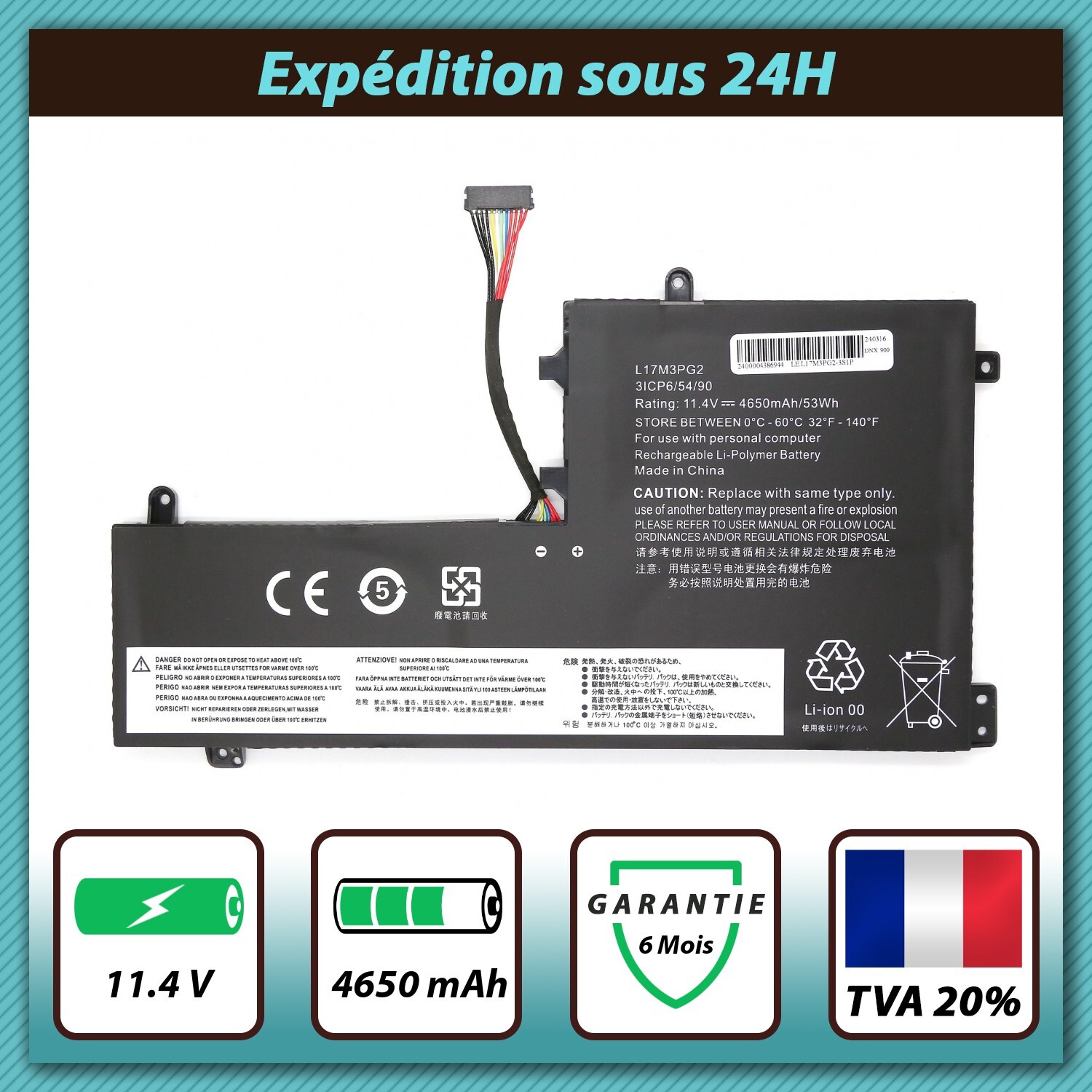 Batterie Lenovo L17L3PG3 L17M3PG1 L17M3PG2 de 11.4V 4650mAh pour ordinateur portable