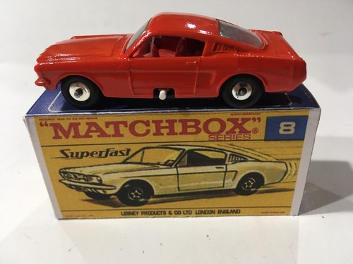 Matchbox Lesney Superfast 8 Custom Ford Mustang In Orange Red Nice Repro Box.