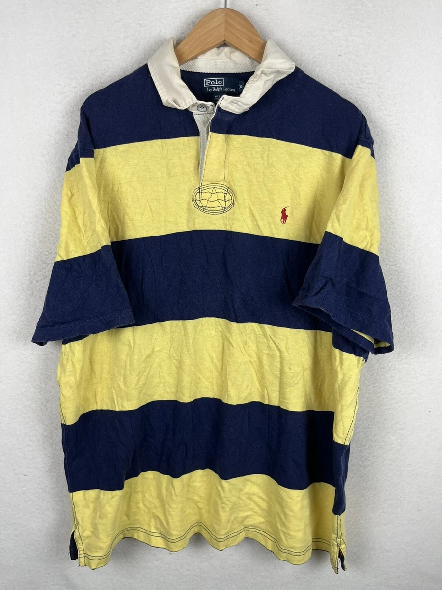 Polo Ralph Lauren Yellow Stripe Rugby Polo Shirt Mens XL Short Sleeve 1 4 Button