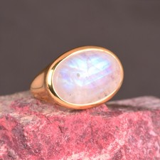 Large Oval Brass Ring With Rainbow Moonstone Gold Plated Fashion Rings Jewelry