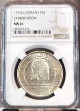 1929 J GERMANY SILVER 5 REICHSMARK WEIMAR CONSTITUTION NGC MS 61 RARE MINT STATE
