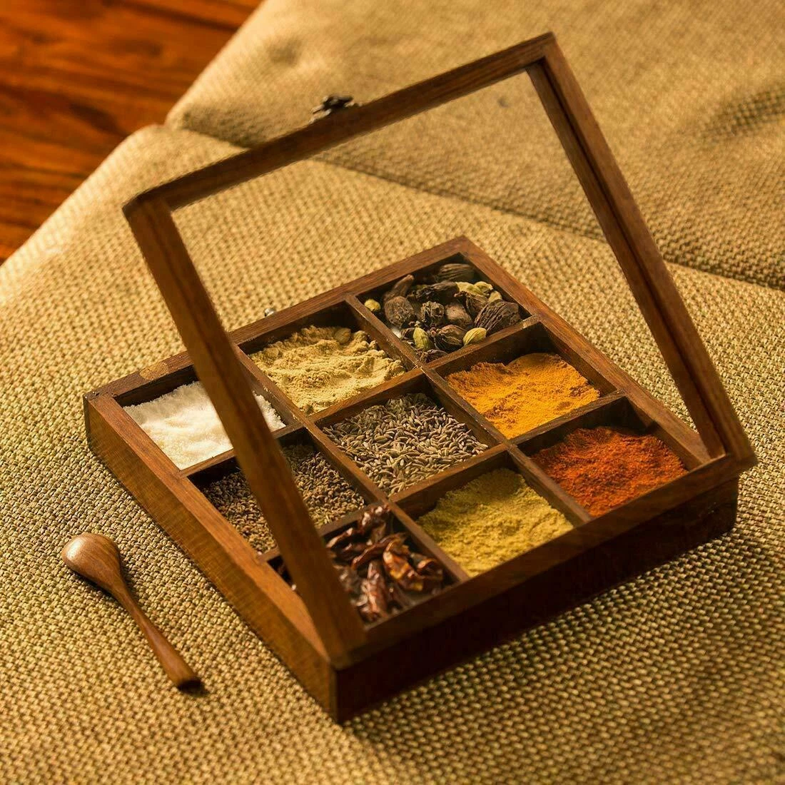 Wooden Table Top Masala Dabba Containers Jars Cum Kitchen Spice Box with Spoon