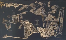 A Vintage Linocut block print Signed Arieh Kimhi, Jerusalem 1974, 131/135
