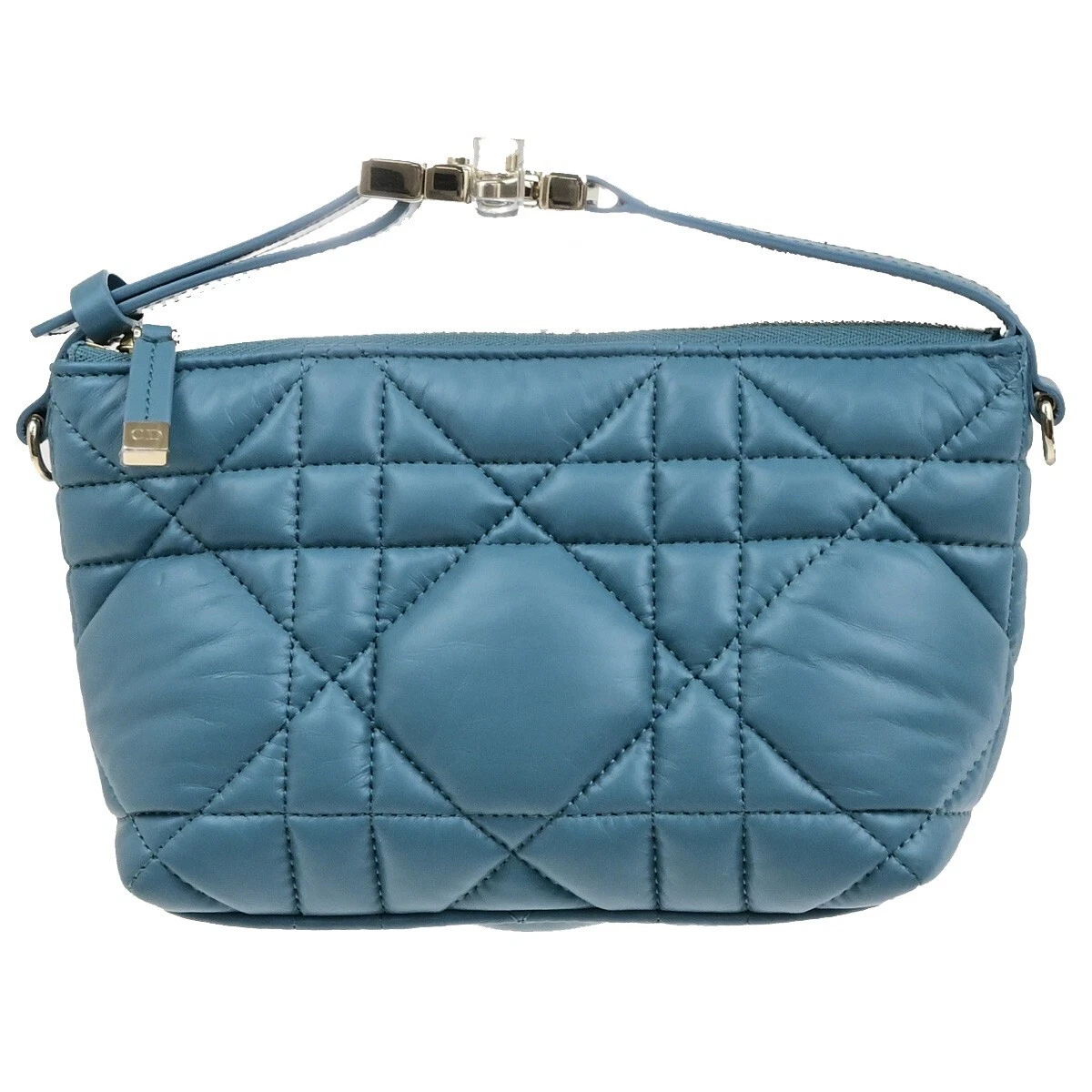 CHRISTIAN DIOR Logo Lady Cannage Nomade Pochette Sac Cuir Bleu GHW Italie 98ED518